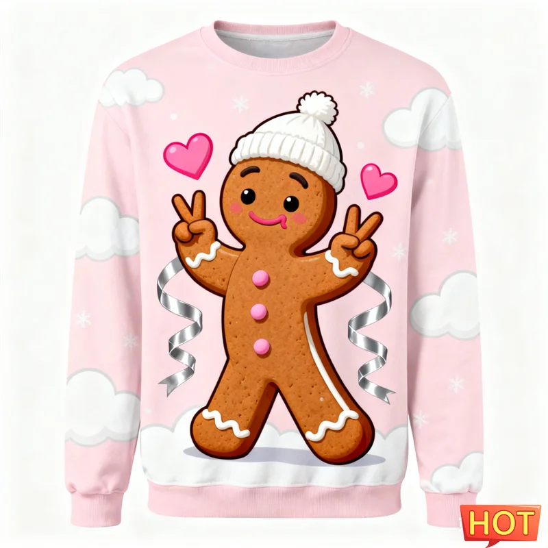 

Cute Gingerbread Man Graphic Ugly Christmas Hoodies Trendy Holiday Crewneck 3D Printed Xmas Sweatshirt Loose Streetwear Pullover