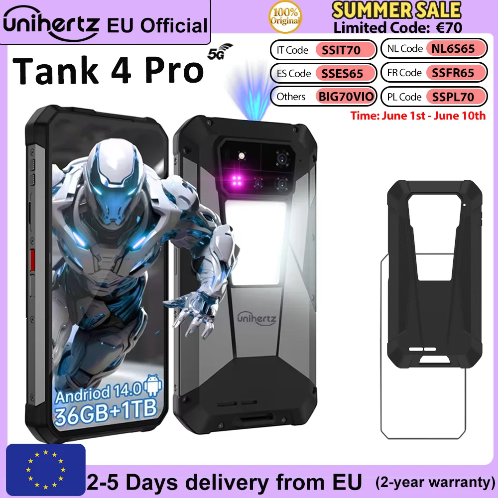 Unihertz par 8849 Tank 4 Pro Al Smartphone 5G Android 14 avec projecteur 720P 1 To + 512 Go MTK 8300 3K 120 Hz AMOLED 11600 mAh Batterie