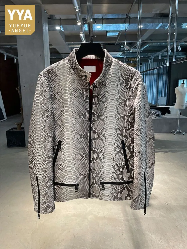 High Quality Snakeskin Luxury Mens Jacket New Stand Collar Slim Fit Genuine Leather Short Coat Customization Not Accept Returns