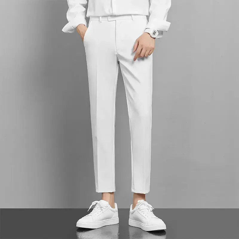 9 Cropped Male Suit Trousers Straight White Men\'s Summer Pants Tailoring 2024 Designer Clothes Luxury Korean Style Stylish Dress