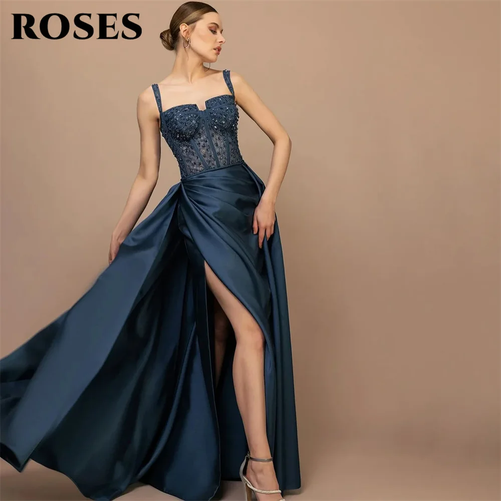 

ROSES Teal Blue Prom Dresses with Beaded Lace Bodice Evening Dress Side Slit Party Dress for Women vestidos de fiesta Customized