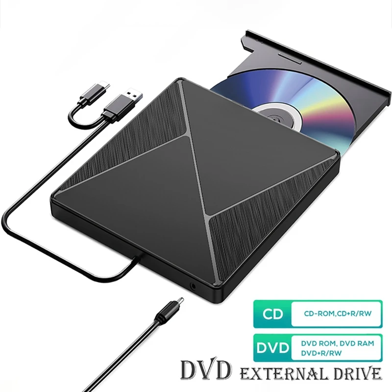 DVD Drive eksternal USB3.0 CD-ROM, pembakar portabel antarmuka ganda tipe-c USB CD DVD untuk Laptop PC