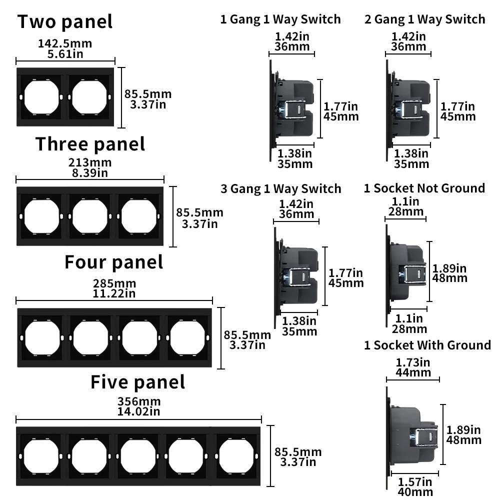 ปุ่มสีดําสวิตช์ไฟฝังซ็อกเก็ตผิวรู้สึกสีแบบบูรณาการแผงผนังซ็อกเก็ต DIY ผสมฝังสี