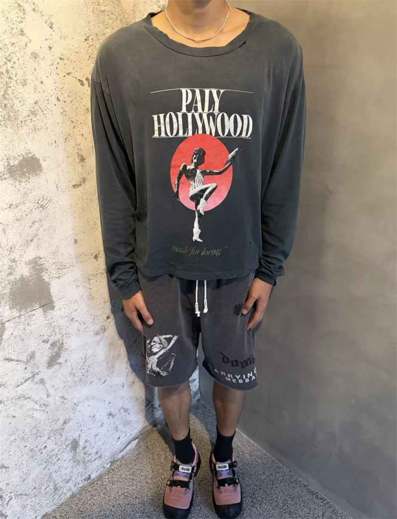 New PH Letter Pattern Printed Washed Vintage Street Casual Loose Long Sleeve Cotton Versatile Round Neck Oversize Trendy T-shirt