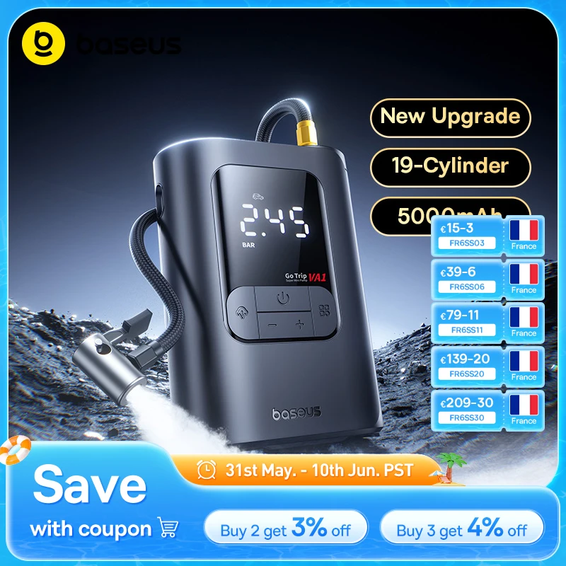 Baseus – pompe à Air sans fil pour voiture, compresseur d'air Portable pour voiture, motos, vélo, gonfleur de pneus électrique avec affichage numérique LCD