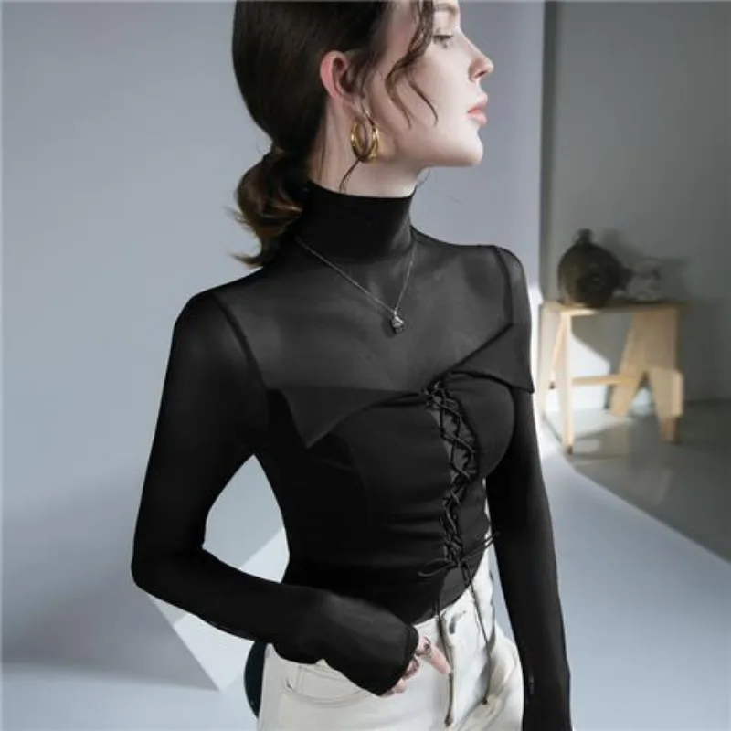 Spring Autumn Fashion High Collar Women\'s Clothing Leisure Versatile Slim Fit Patchwork Korean Style Tees Female Clothes Tops