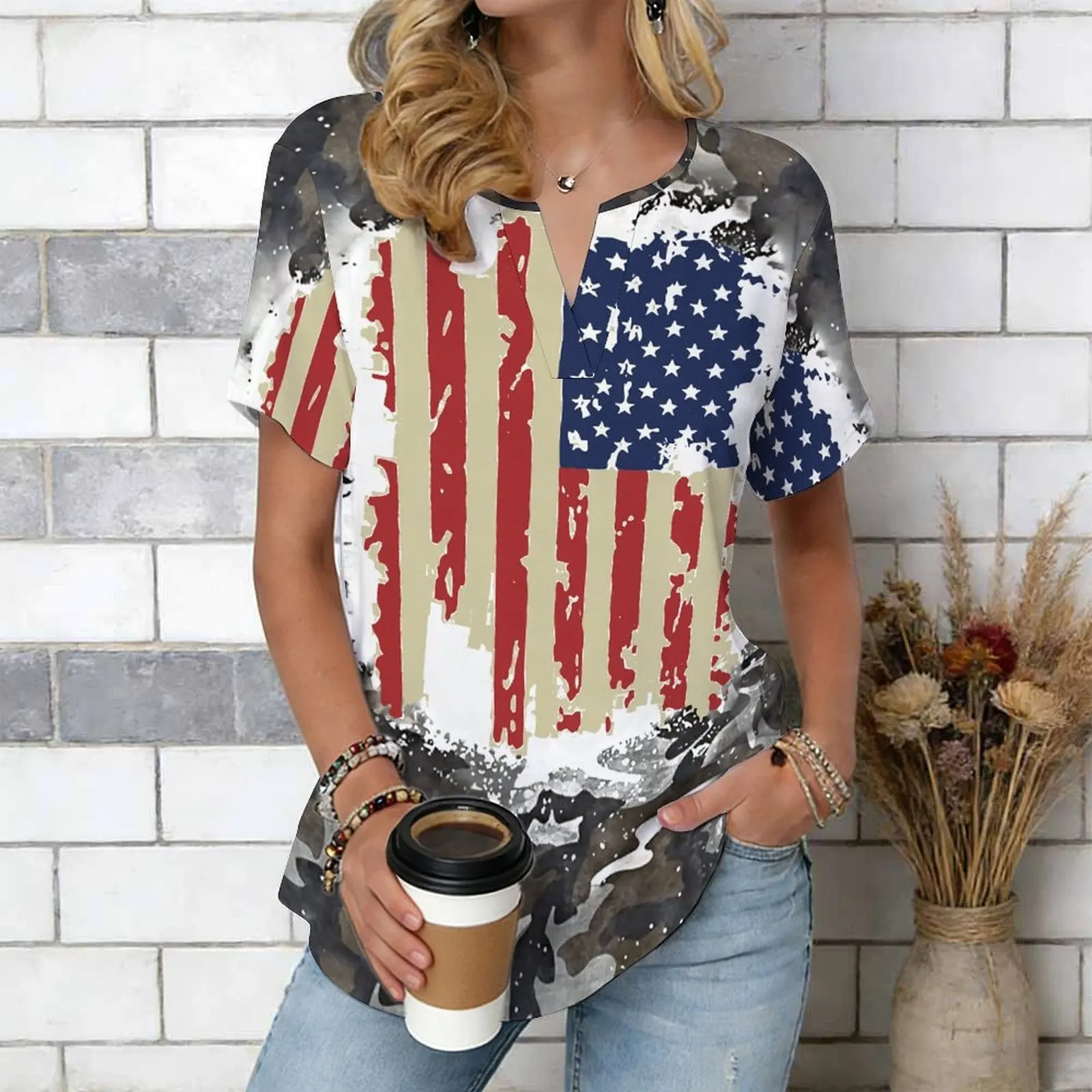 Women Print Notched V Neck Short Sleeve Casual Loose Tunic Tops