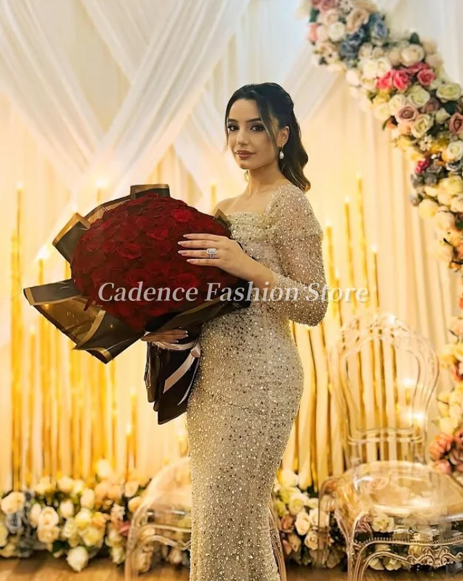 Gaun pengantin seksi putri duyung kustom 2025 payet berkilau Applique gaun pengantin mewah lengan panjang