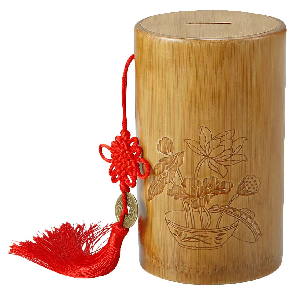 Chinese Style Bamboo Piggy Bank Cylinder Coin Container for Adults Money Saving Jar Desktop Ornament Living Room Study