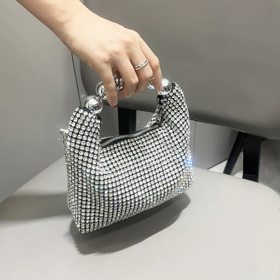 Shiny Silver Rhinestone Clutch Bags Women Luxury Design Boutique Crystal Purses Handbags Wedding Party Bead Chains Crossbody Bag