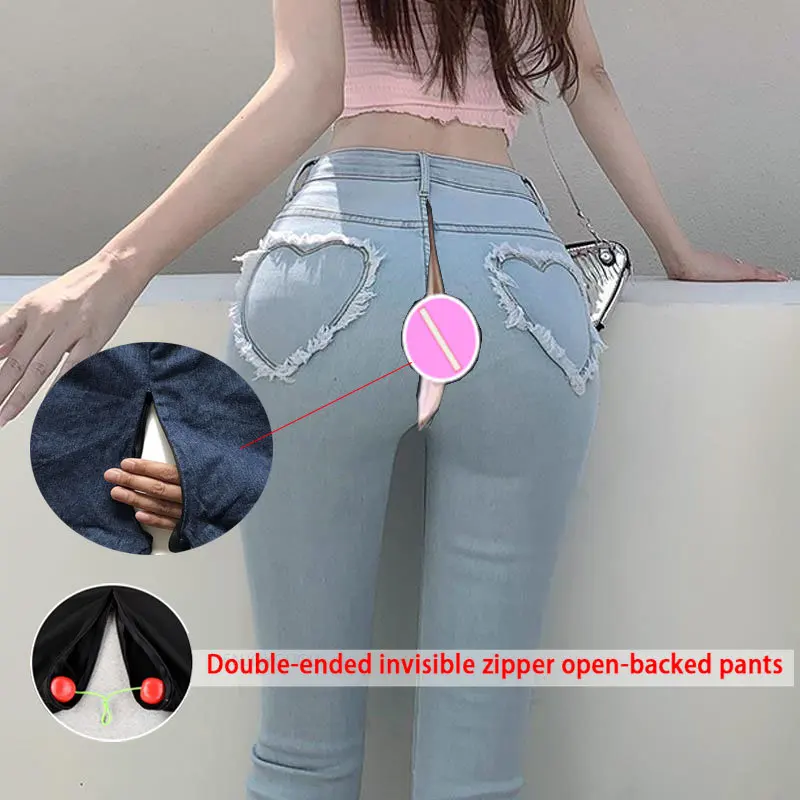 Pfirsich Hüfte Liebe Jeans Frauen unsichtbare offene Sitzhose Frauen Sommer dünnes Design Sinn Bootleg Hosen dünn abnehmen sexy Hosen