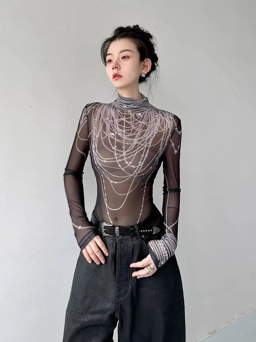 Gothic Grunge Aesthetics Long Sleeve T-shirt Gothic Y2k Tops Elastic Mesh Skinny Tops Printed Spring Summer Autumn Shirt Sexy