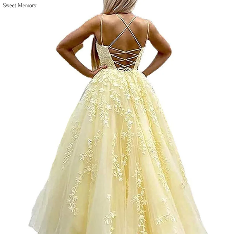 A4226 Customized Gray Blue Yellow White Bespoke Occasion Dresses Sweet Memory Spaghetti Strap Lace Tulle Prom Dress With Tail