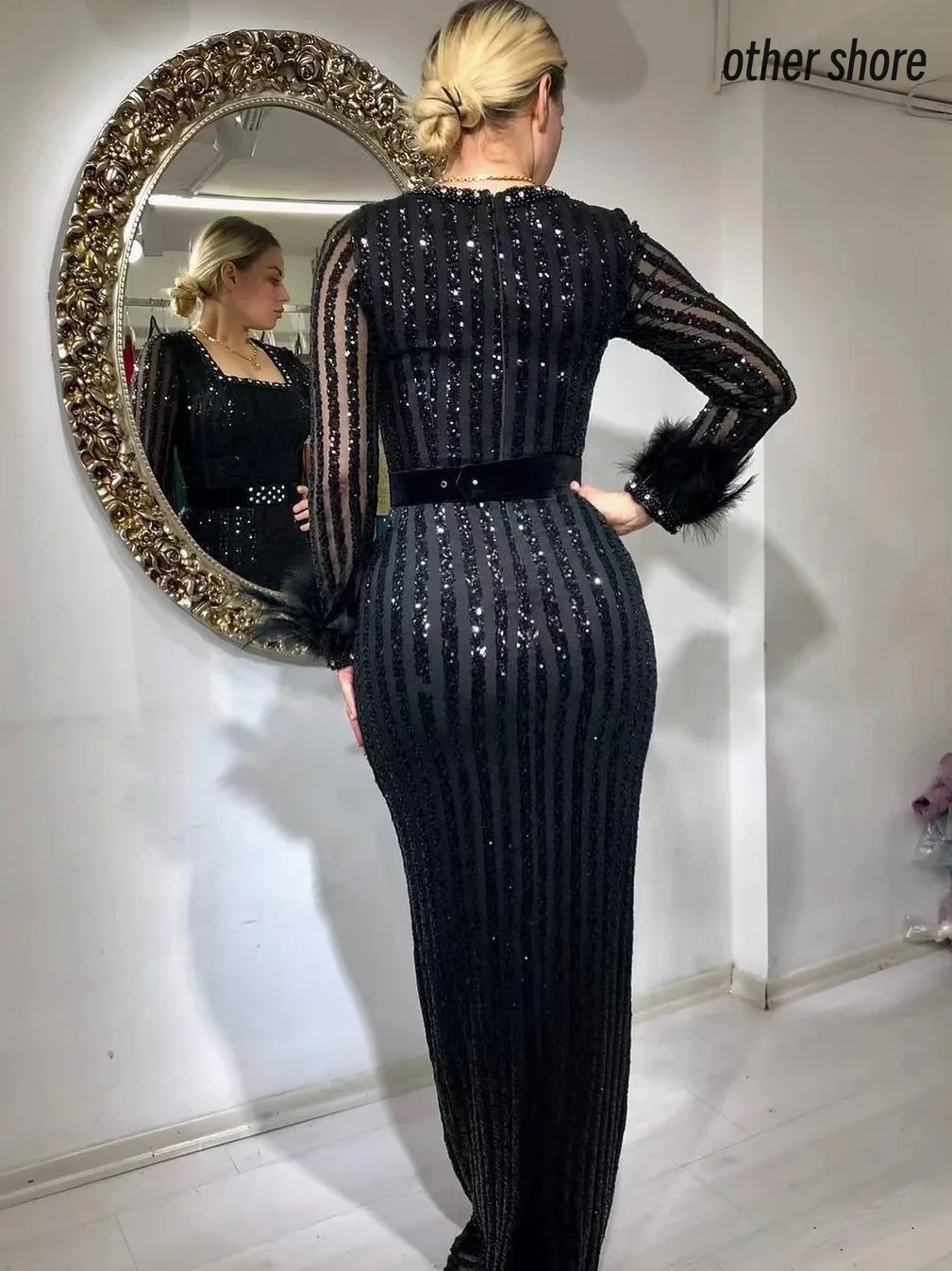 Other Shore Elegant Vintage Sexy Black Feathers Sequins Beading Customize Formal Occasion Prom Dress Evening Party Gowns