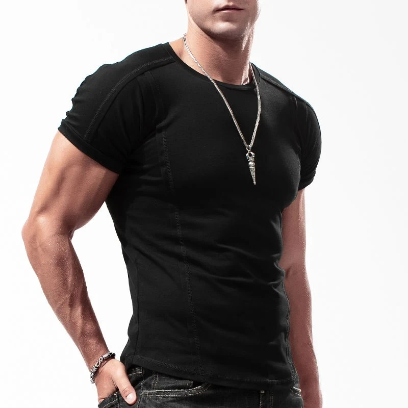 Summer Men's Crew Neck T Shirt Casual Slim Fit Cotton Short Sleeve Jogger T-Shirts Mens Pure Color Basic Top Tees image 4