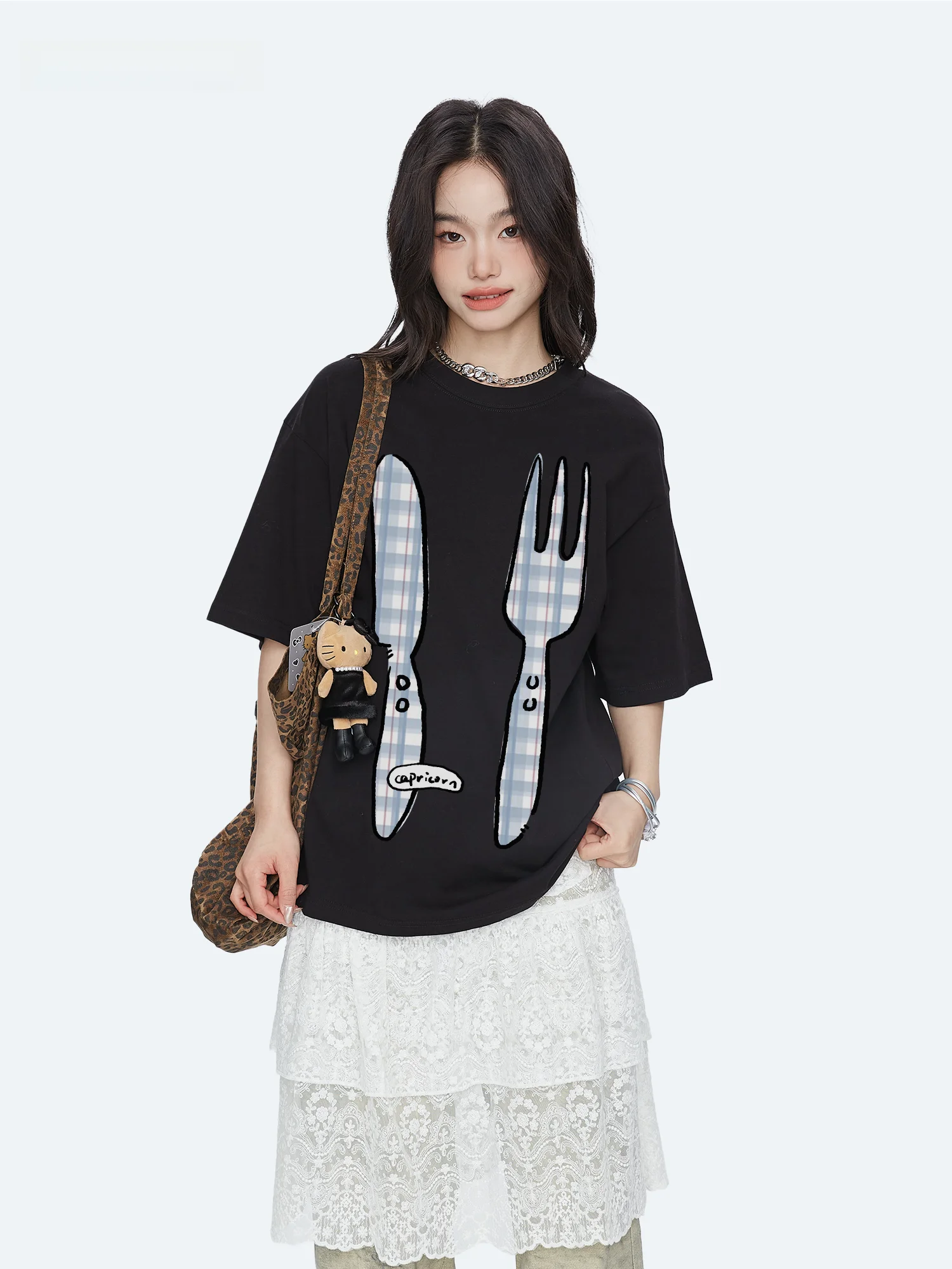 Capricorn American Style Fun Fork And Knife Pure Cotton Short Sleeve Women's T-Shirt Summer New Trend Brand Half Sleeve Top