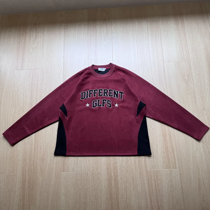 Suede Splice Color Long Sleeve T Shirt Embroidery Label Men Women Heavyweight Loose High Quality Streetwear T-shirt Tops Tee