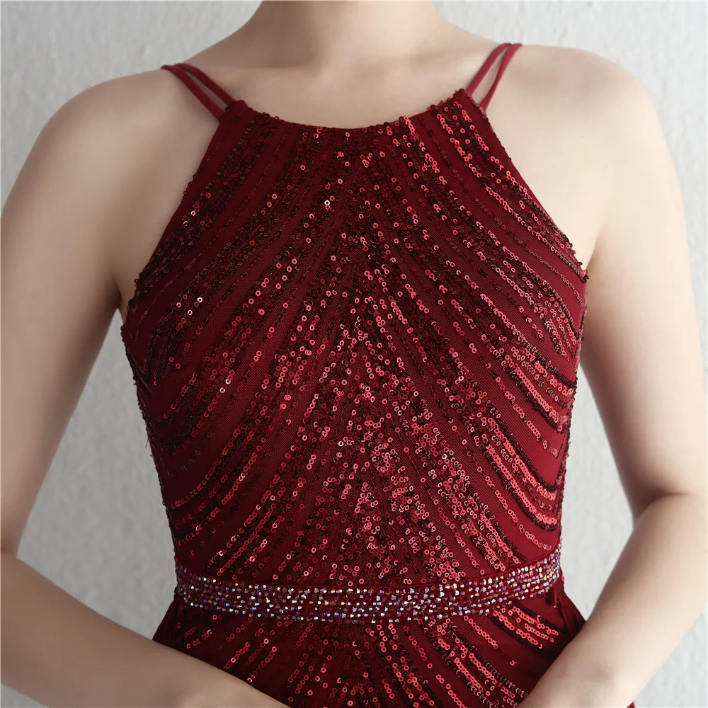 DEERVEADO Burgundy Sequin Evening Dress Party Maxi Dress With Detachable Chiffon Train Women Chic Beading Long Prom Dresses