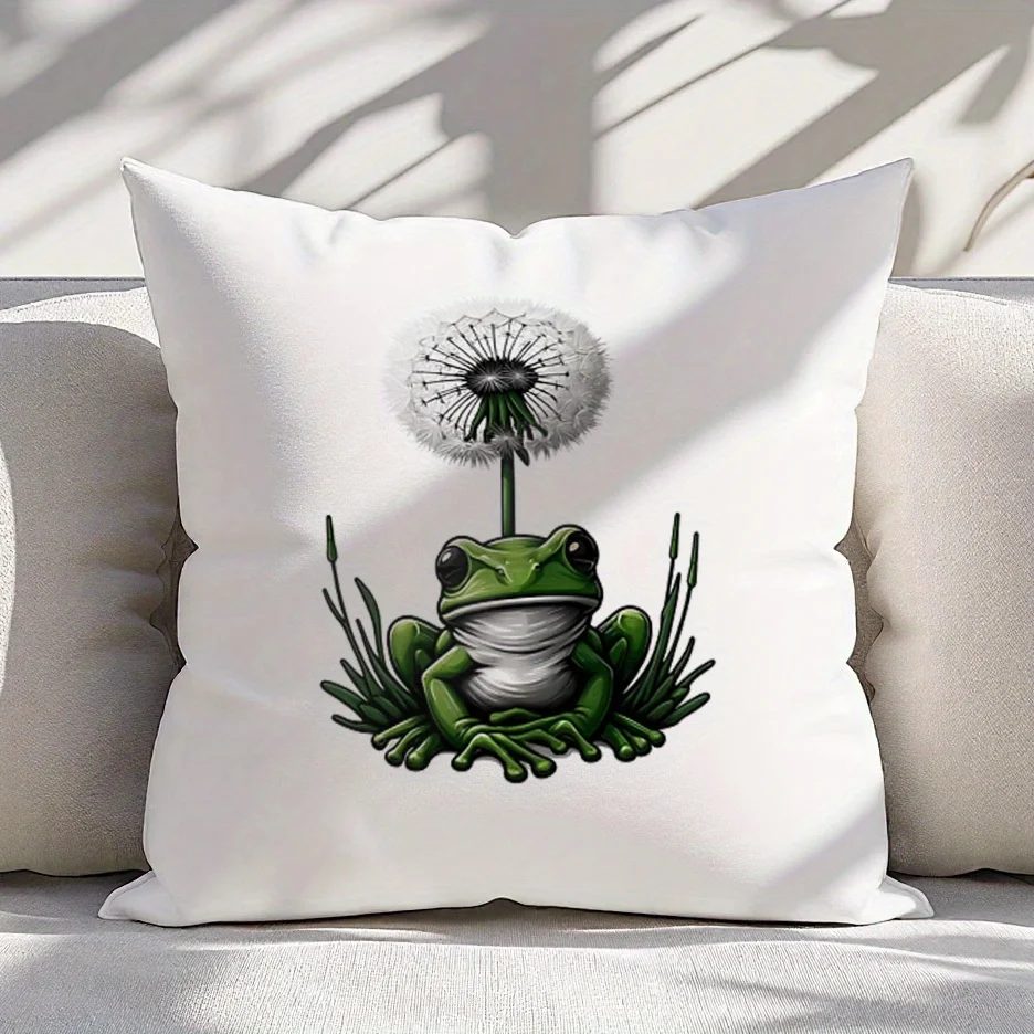 Green Frog Sitting Grass Pillow Case Black and White Dandelion Seed Head Machine Washable Natural Wind Decoration
