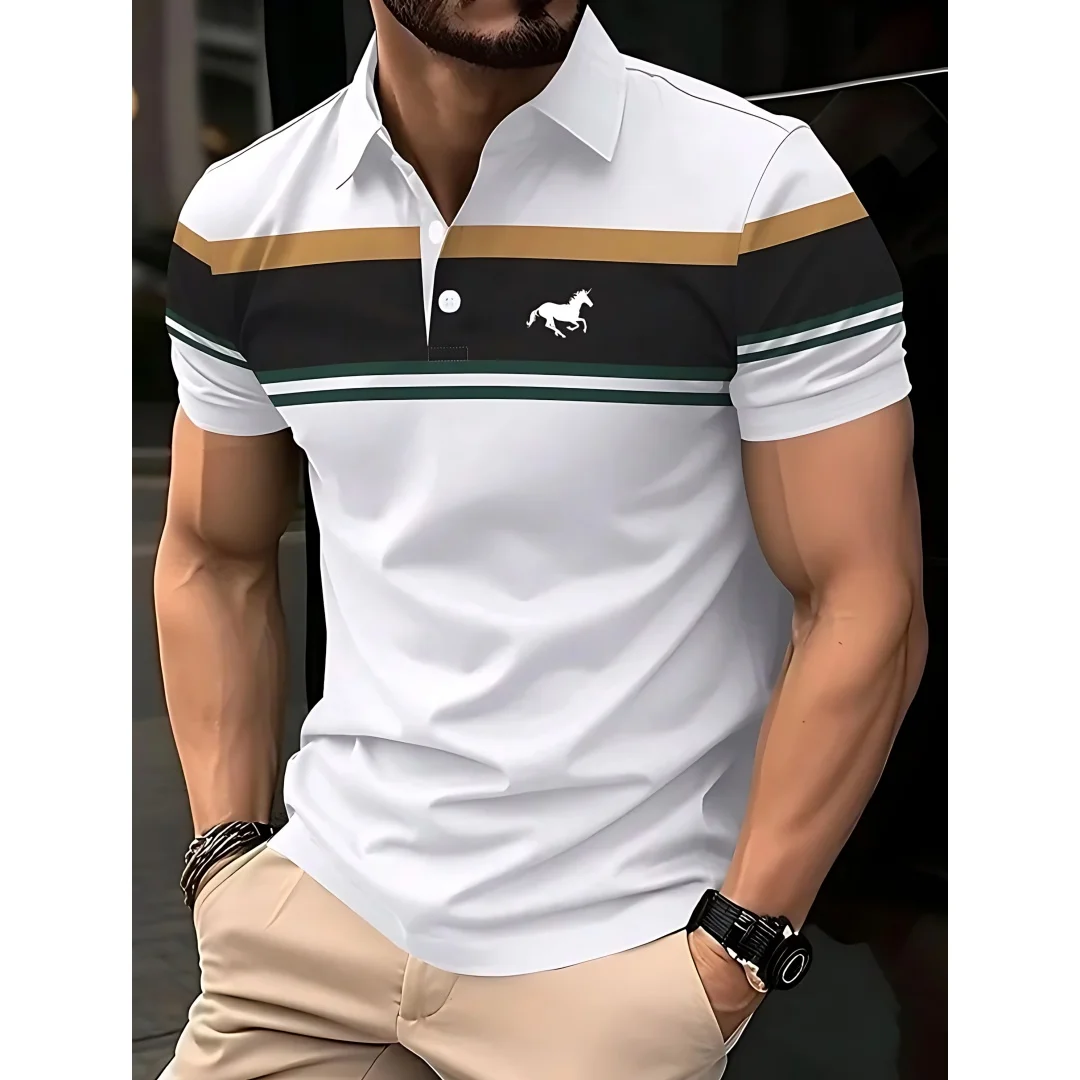 Men's Short-sleeved Polo Shirt Casual 3D Printed Design Stripes Pattern Summer men's Polyester Sports Polo Shirt Men's Clothing