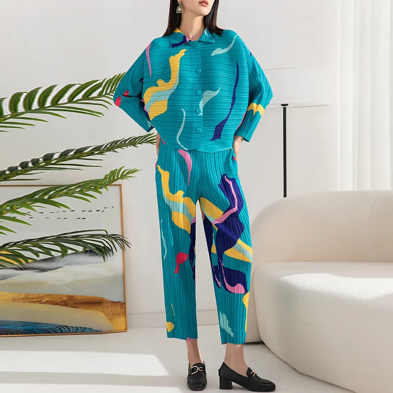 MIYAKE Pleated Style Printed Fashion Set Large Women's New Wrinkle Loose Bat Sleeve Top Small Leggings Two Piece Set [20230103]