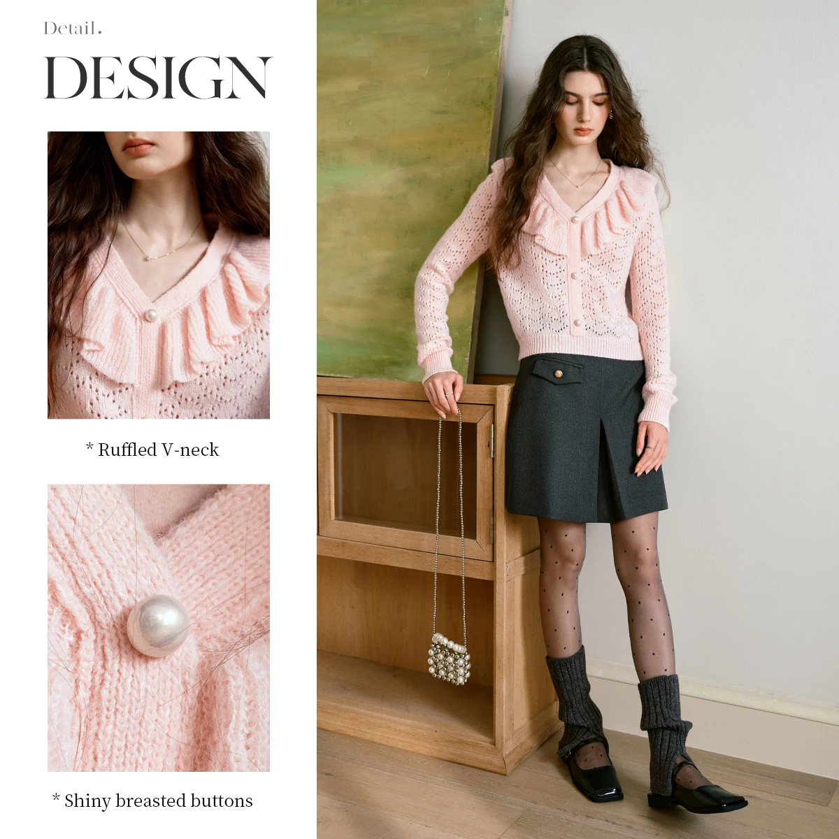OLrain Cardigan Woman French Lace V-neck Ruffle Edge Sweater 2025 Autumn New Pullover Lazy Top O57QZ000292