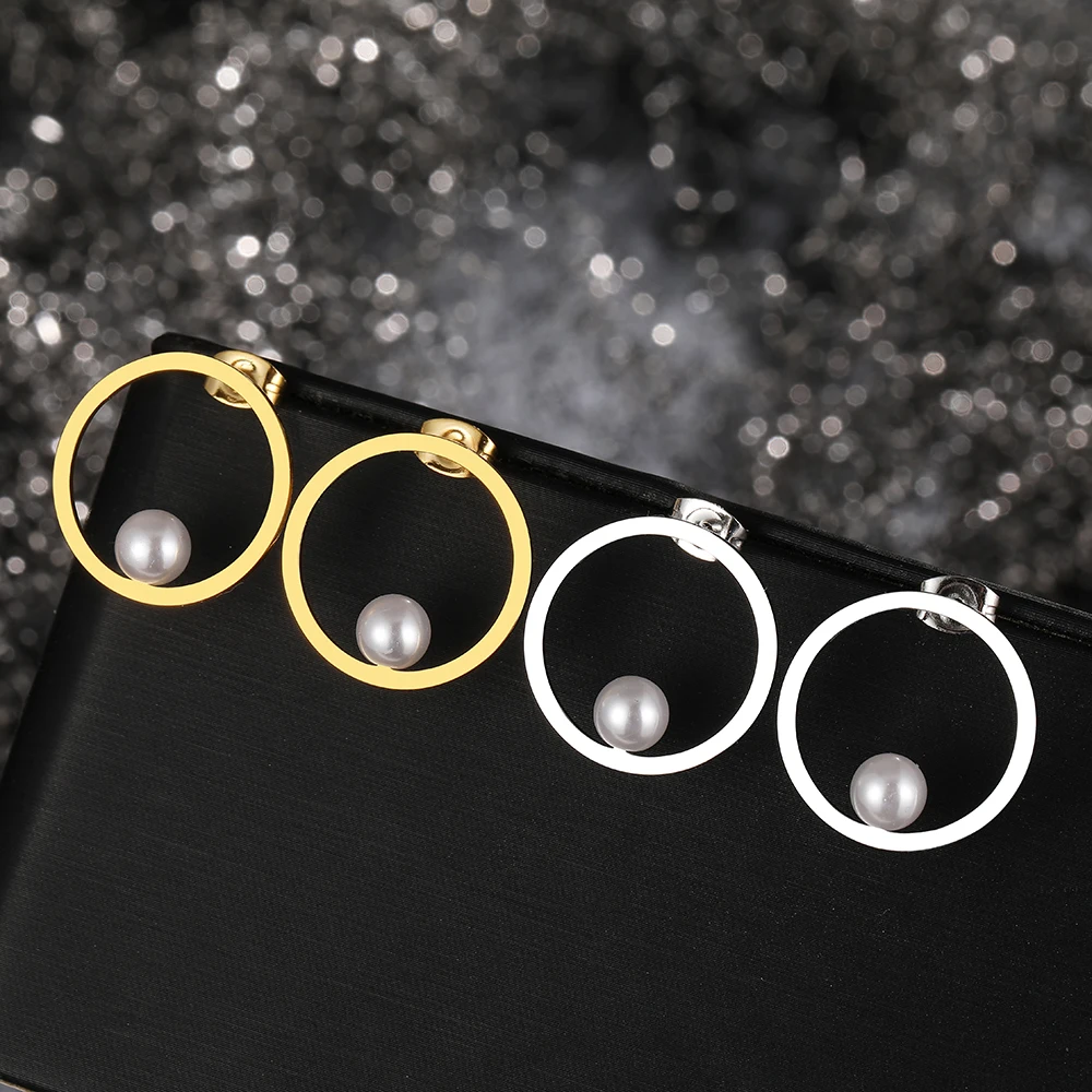 Stainless Steel Earrings Geometric Large Circle Fashion Pearl Stud Earrings For Women Jewelry Luxury Party Girls Unusual Gifts