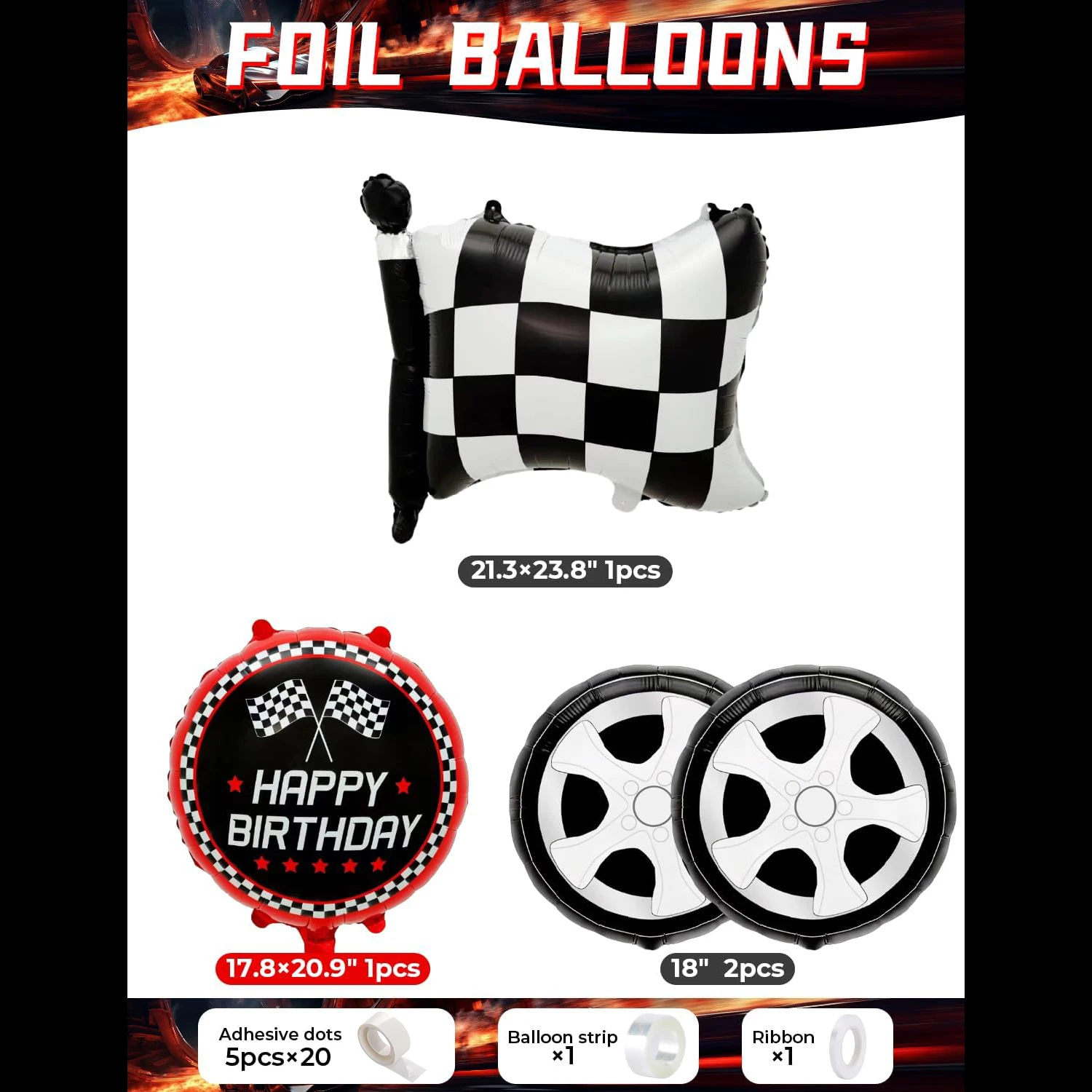 Race Car Balloon Arch Garland Kit:  Red Black Silver，Checkered Flags & Wheels Balloons, Racing Themed Birthday Party Supplies - view 3