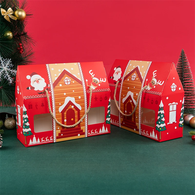 LBSISI Life 4Pcs Christmas House รูปร่างของขวัญกล่องสำหรับทำด้วยมือ Handmade Nougat Candy บรรจุภัณฑ์ขนมขบเคี้ยวคริสต์มาสปีใหม่ Party Favors พร้อมถาด