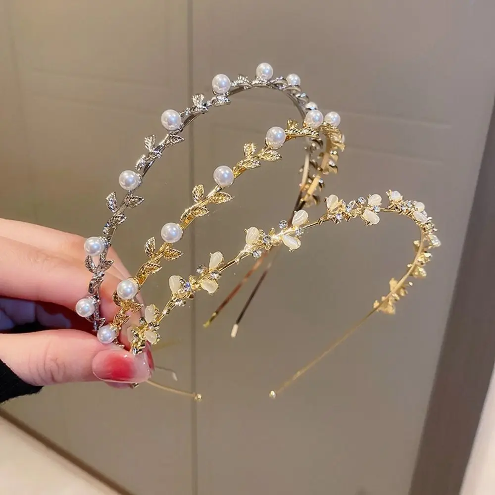 Pearl Wash Face Hair Band Tiara Baroque Gold Leaf Headband Rhinestone Hair Band Girl Thin Hair Hoop Korean Style Headwear