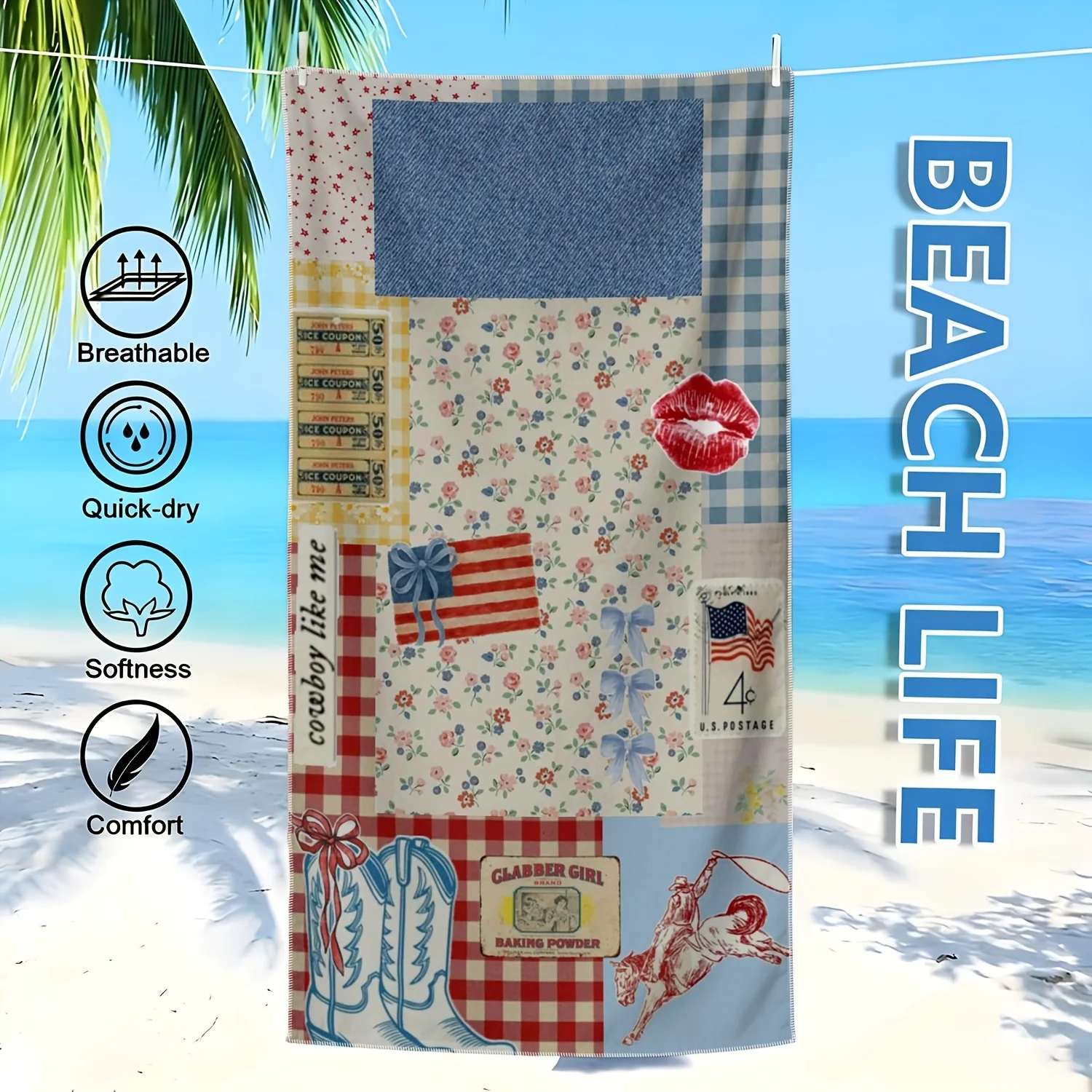 Large Beach Towel 2D Flat Printed Retro Collage Design Microfiber Sand Resistant Quick Drying Soft Towel For Outdoor Camping