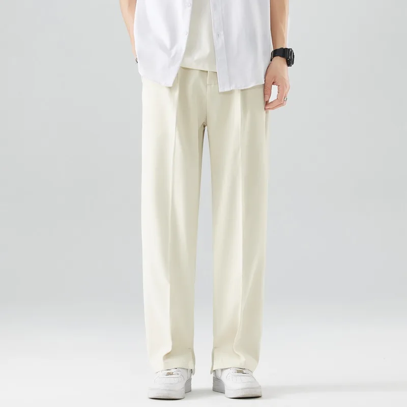 

2025 New Summer Casual Pants Men Breathable Polyester Korean Fashion Semi-Wide Banded Waist Slacks Straight Loose Drape Trousers
