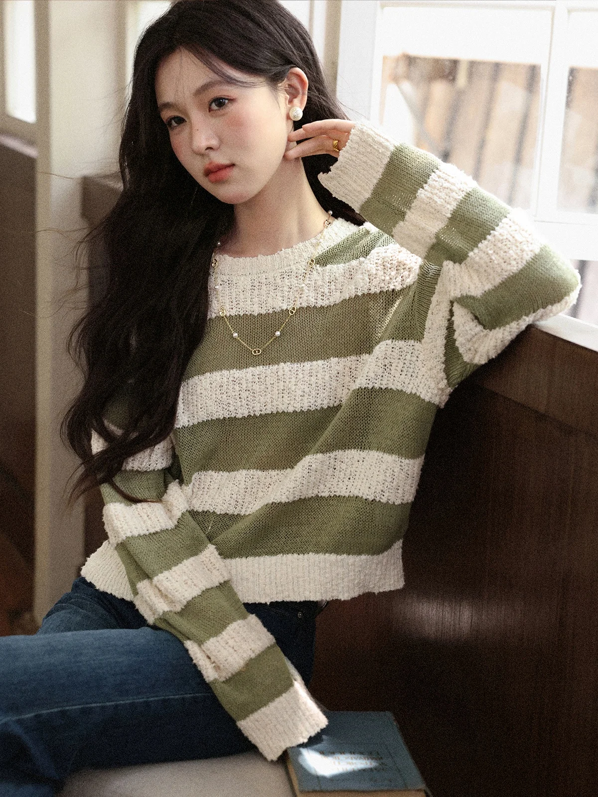 

Commute Sle round Ne Knitwear Avocado een Stripe Women's Long Sve Regular Fit Casual Faion Autumn New Arrival