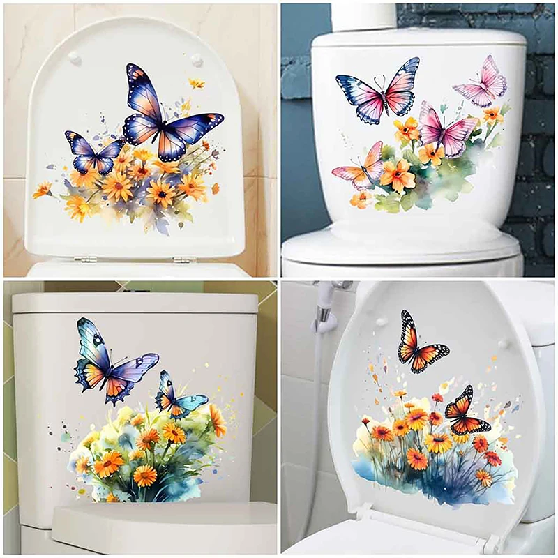 Butterfly Flower Toilet Seat Stickers Self-Adhesive Toilet Lid Decals Diy Removable Stickers For Bathroom Home Decor Ornaments