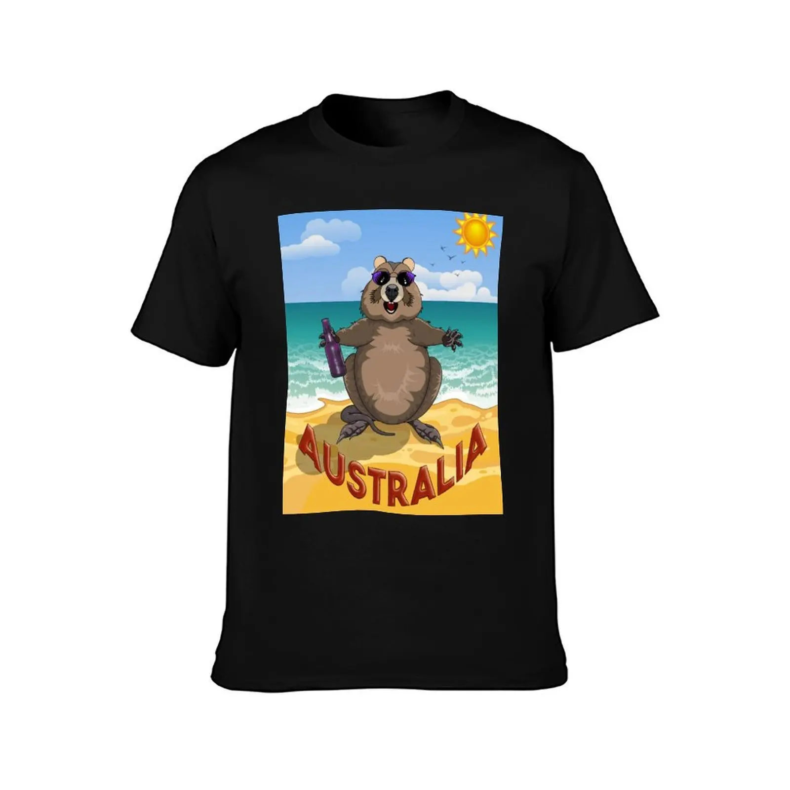 Australia! Quokka on the Beach by Amanda M Lucas T-Shirt, Summer Casual Cotton Tee, Oversized Streetwear Tops, Unisex Men Women