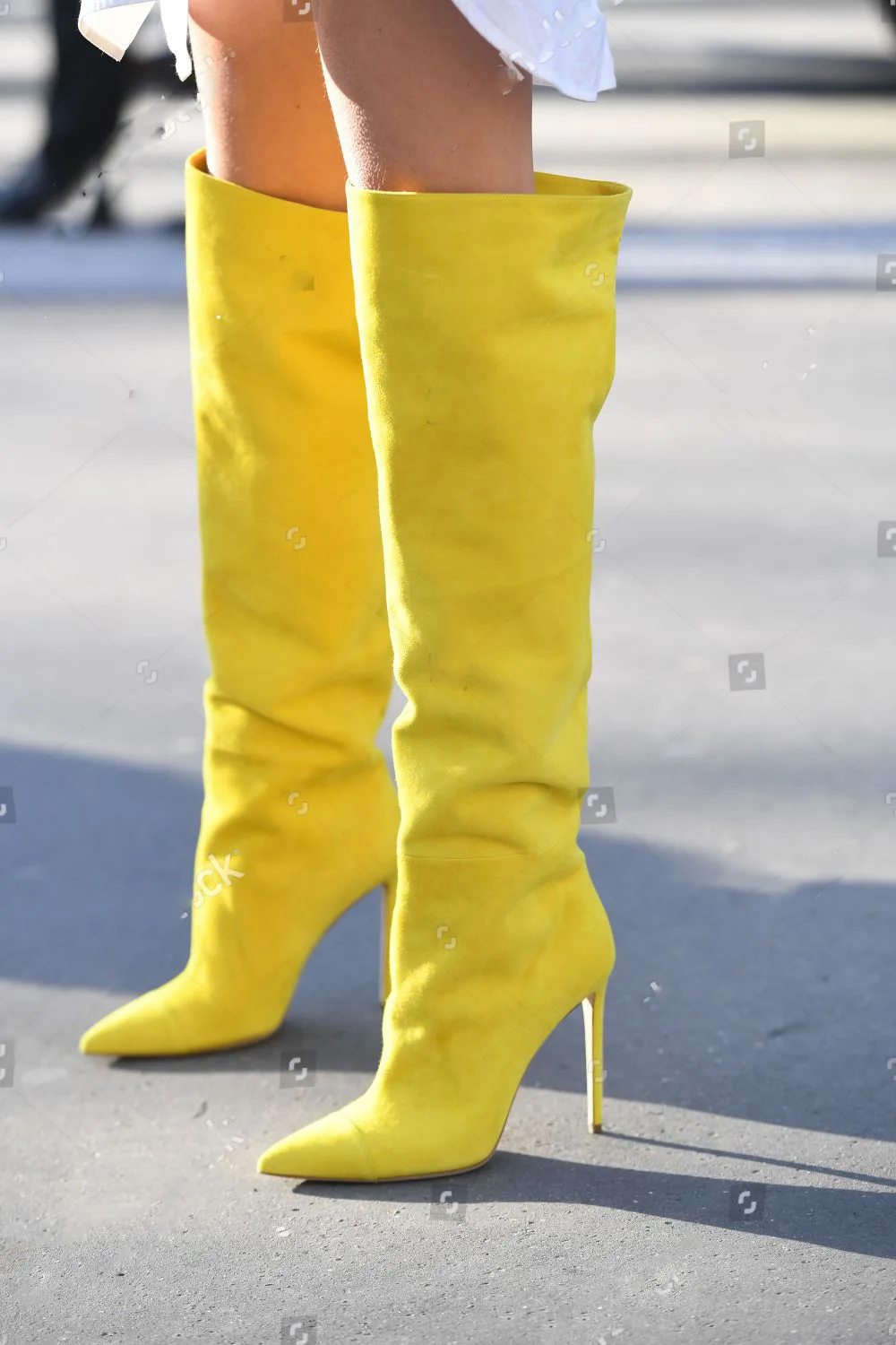 Bright Yellow Suede Pointed Toe Over The Knee Boots Sexy Stiletto Heels Runway Party Designer Shoes for Women Winter