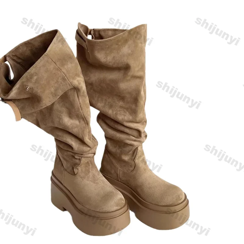 Botas hasta la rodilla de tacón grueso a la moda para Mujer, Botas occidentales aterciopeladas de color caqui, Botas cortas de cuero suave para primavera y otoño para Mujer