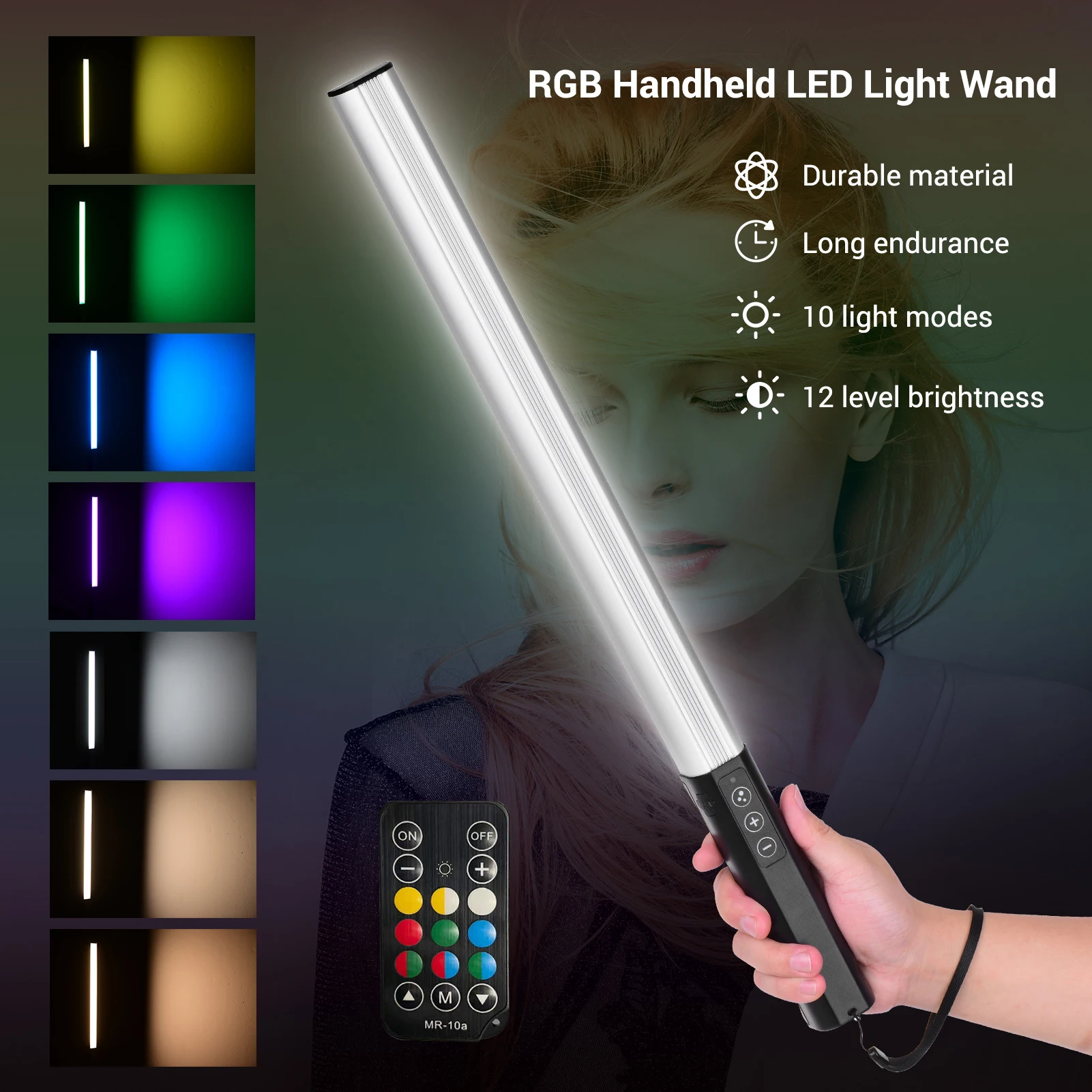 RGB Handheld LED Light Wand Rechargeable Photography Light Stick 10 Lighting Modes 12 Brightness Levels 1000 Lumens 3200-5600K