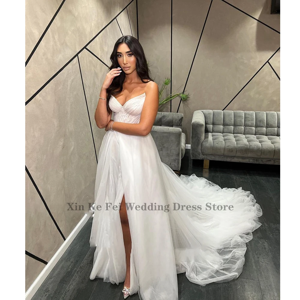 Elegant Women's Wedding Dresses Sexy Sleeveless Side Split Princess Prom Bridal Gowns Formal Beach Party Tulle Vestido De Novia