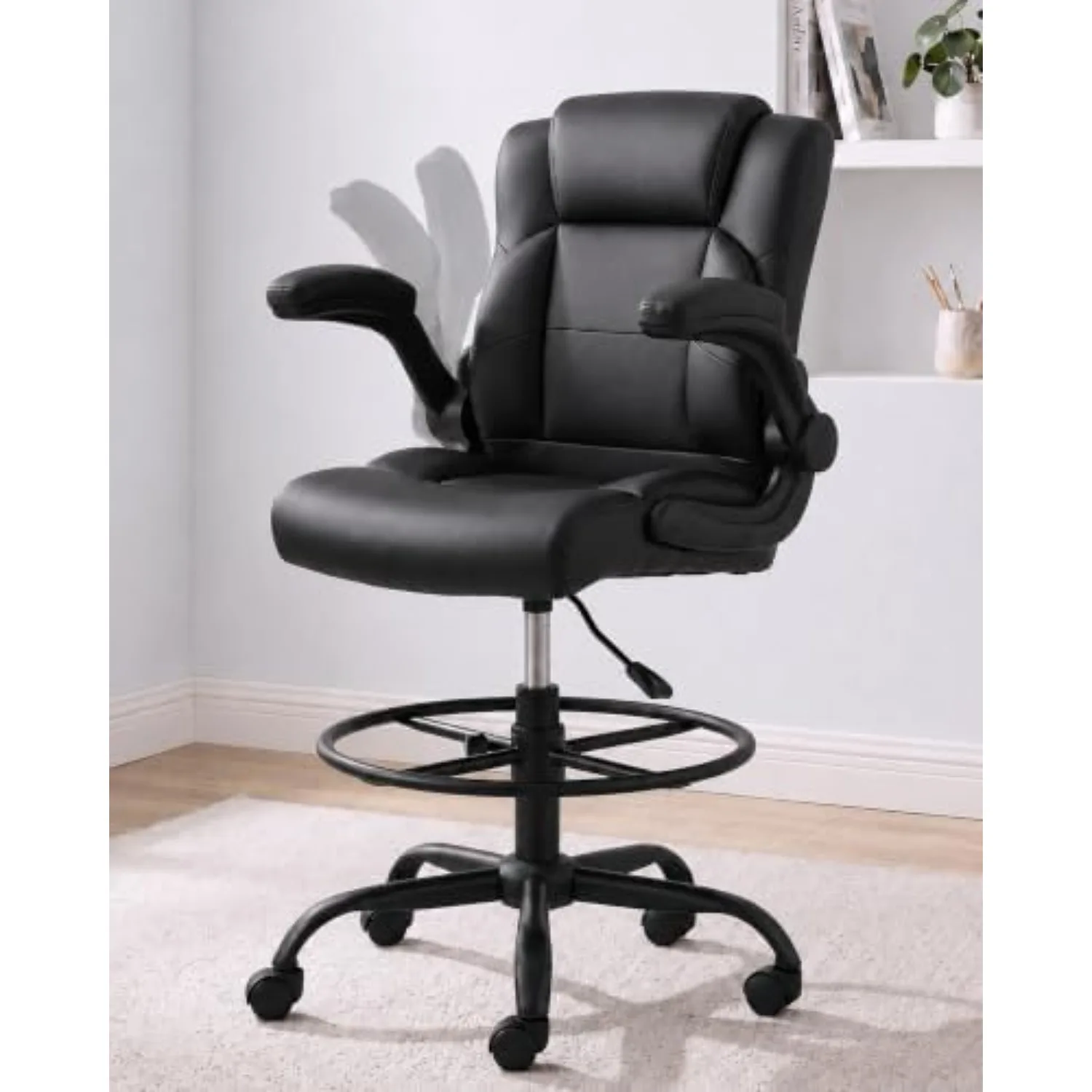 Drafting Chair, Tall Office Chair for Standing Desk, 500 lbs Capacity | 90° Flip Up Arms,Ergonomic Leather Seat