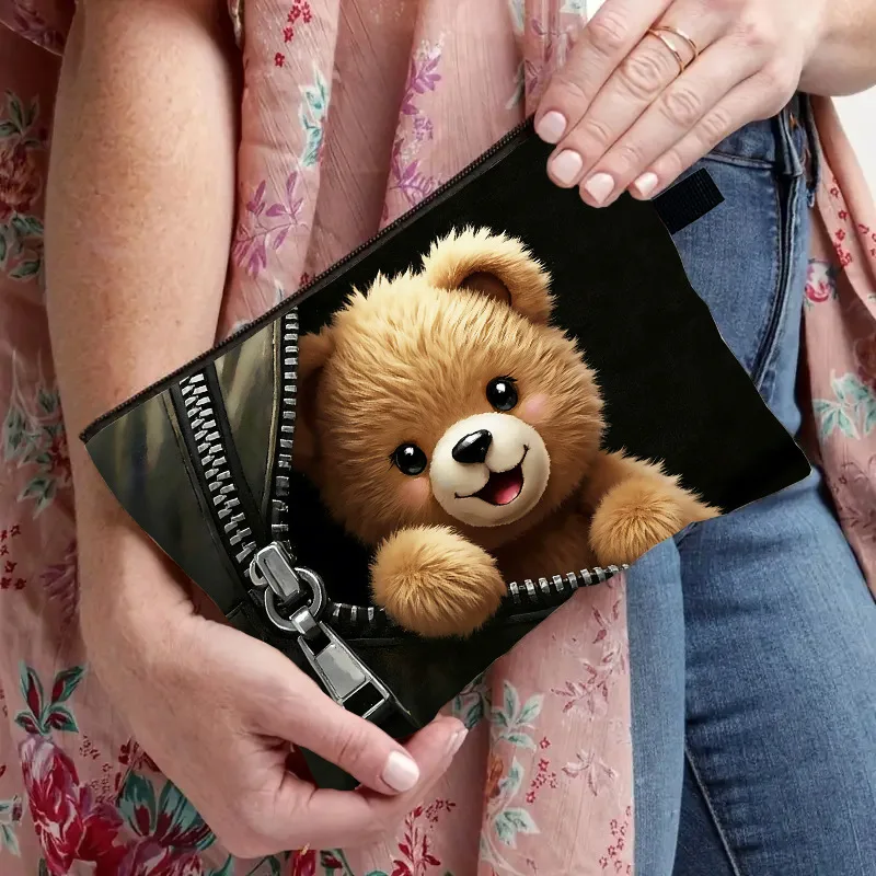 Cute Peeking Teddy Bear Print Cosmetic Bag Portable Zipper Makeup Pouch Travel Toiletry Organizer Storage Handbag For Women