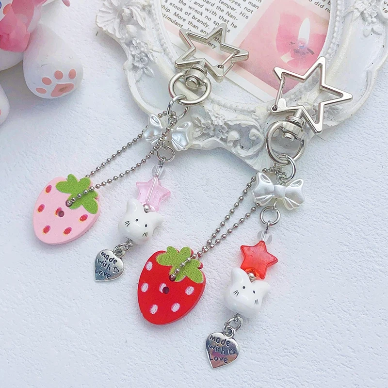 Sweet Strawberry Beaded Keychain For Women Girls Mobile Phone Anti Loss Lanyard Exquisite Backpack Decoration Accessories Gifts