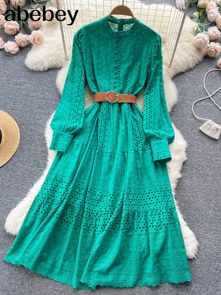 

2022 Autumn White/Green/Pink New Lace Embroidery Dress Women Long Sleeve Dresses Female Vintage Party Beach Maxi Long Dresses