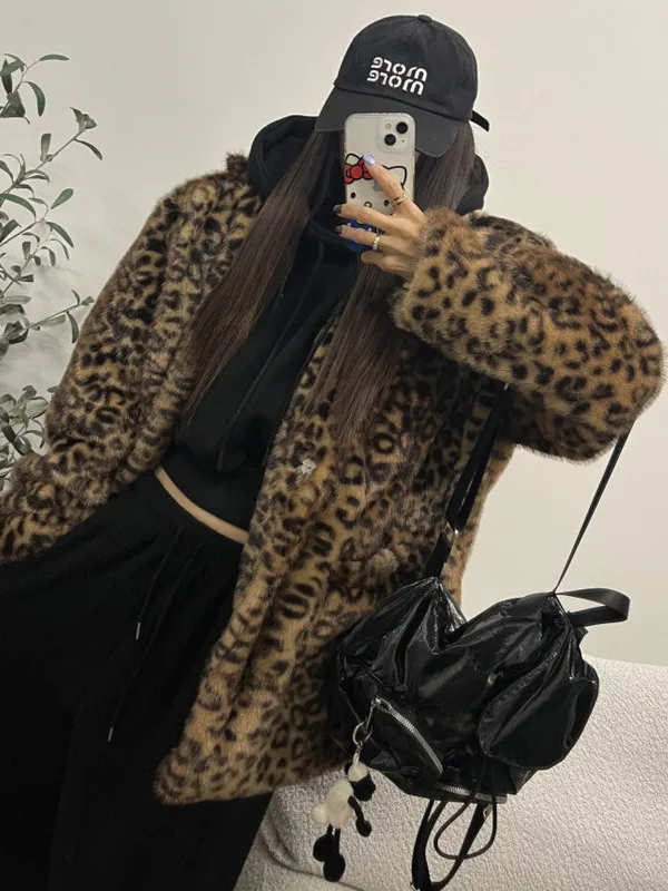 Invierno nuevo Sle Chic abrigo de piel suelto para mujer estampado de leopardo Plu largo Sve coreano Sle fibra de poliéster abrigo Lazy Sle