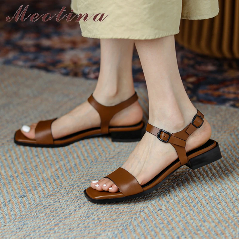 Meotina Shoes Women Genuine Leather Ankle Strap Sandals Square Toe Flat Buckle Fashion Ladies Footwear 2022 Summer Black 33-43