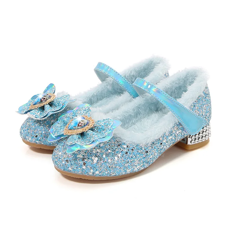 Disney Princess Kids Warm Winter Shoes for Girls Elsa Casual Glitter Children Flat Heel Girls Shoes Butterfly Knot Blue Pink