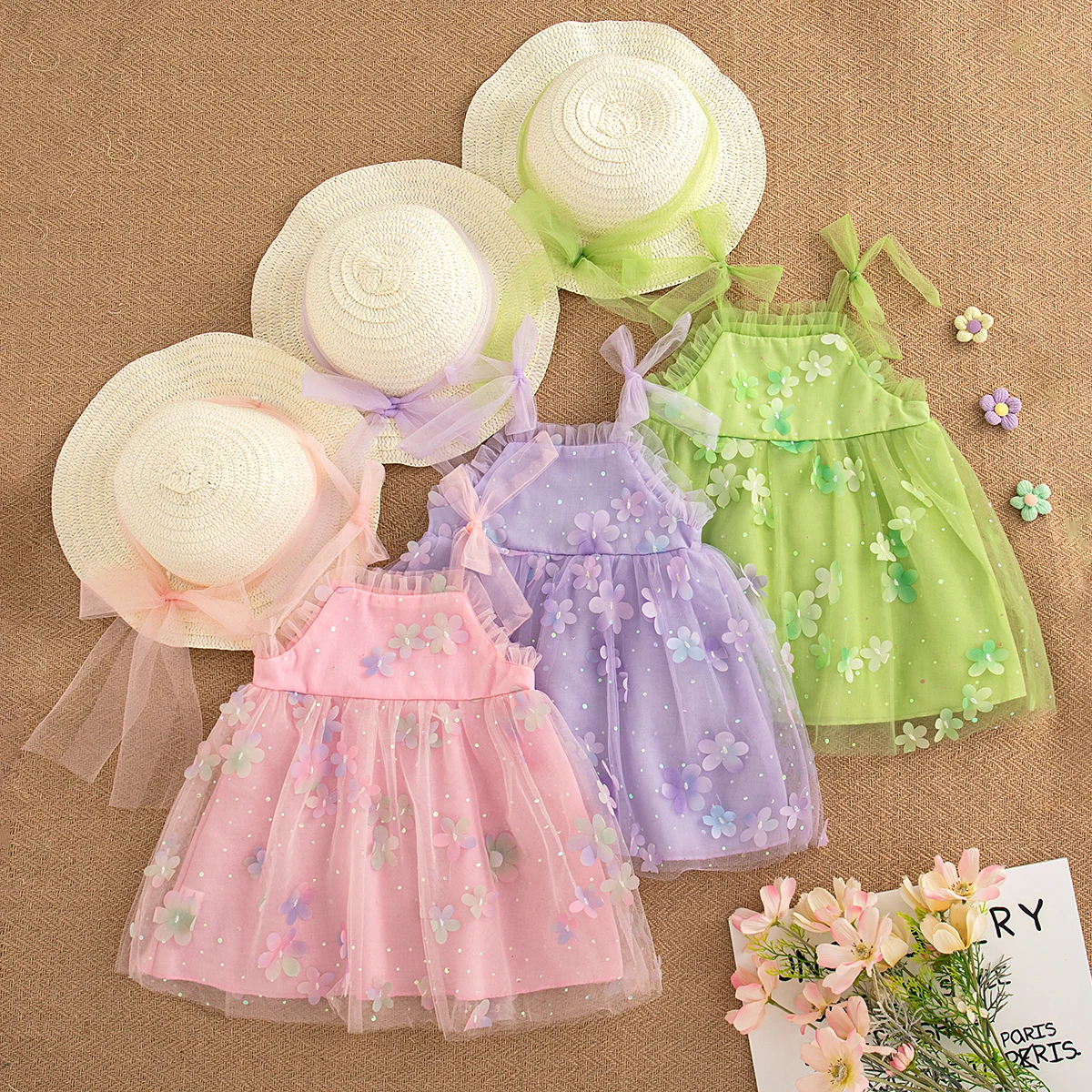 

Flower Chiffon Baby Girl Princess Dress, Summer New Birthday Party Children'S Clothing With Free Hat (6 Months -3 Years Old)