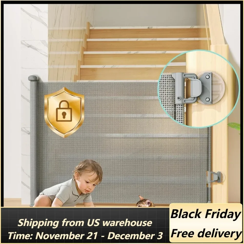 Retractable Baby Gates No Drill for Stairs Doorways with Auto-lock, 33