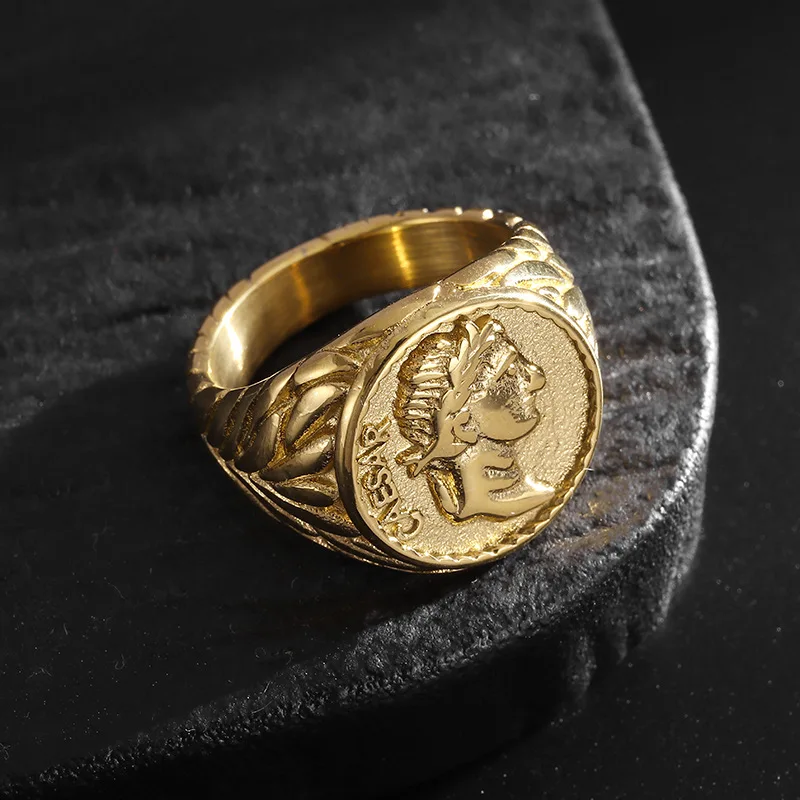 Ring for men, 18k gold embossed Caesar coins, hip-hop rock, personalized fashion jewelry, couple gift