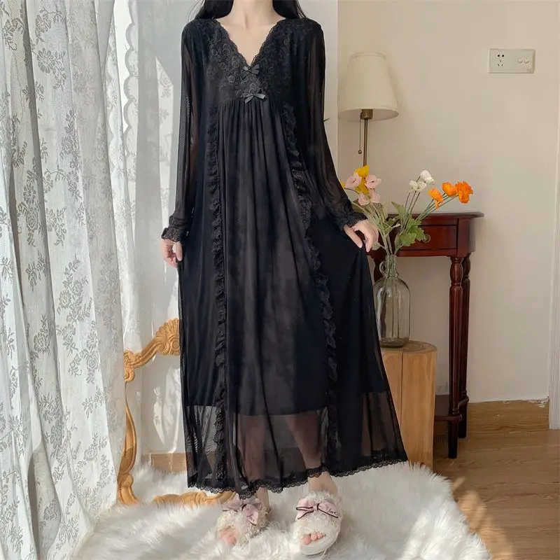 Black Mesh Spring Nightgown Women V-Neck Lace Crochet Long Night Dress Loose Casual Homewear Transparent Vintage Elegant Sexy